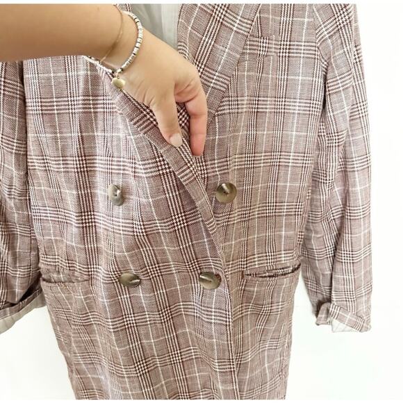 Maeve Double Breasted Blazer Brown Plaid Cotton Linen Blend Size 8 - Picture 7 of 9